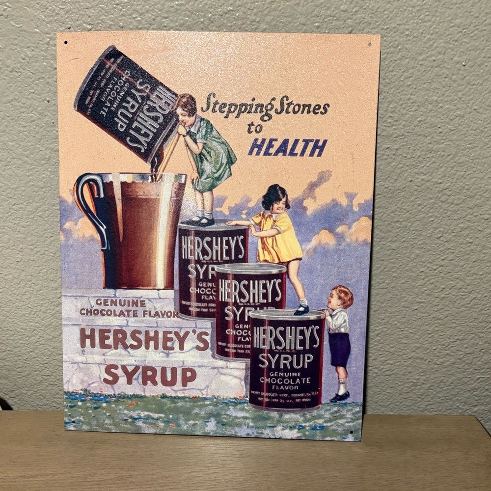 Hersheys Tin Sign Vintage 1998 Health Tin Poster Cow With Hershey’s and Kids
